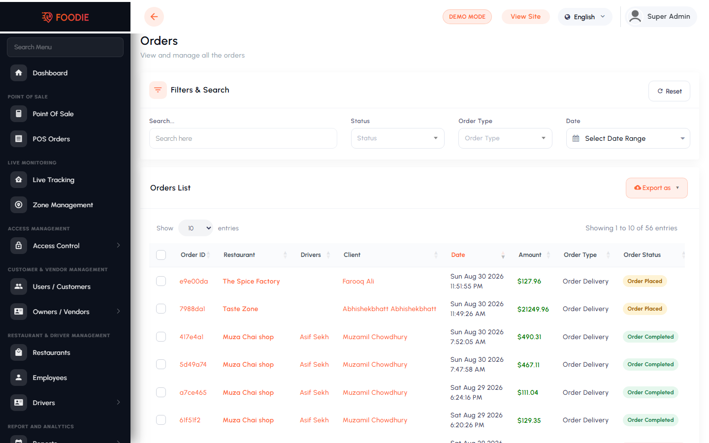 Orders screen in the Foodie admin panel