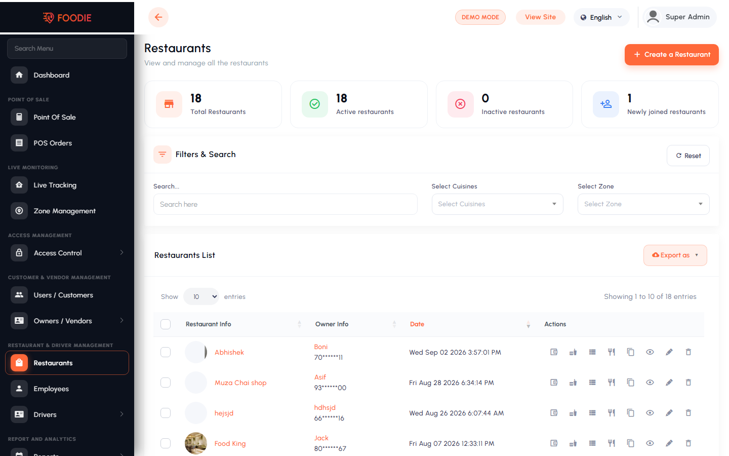 Restaurants screen in the Foodie admin panel