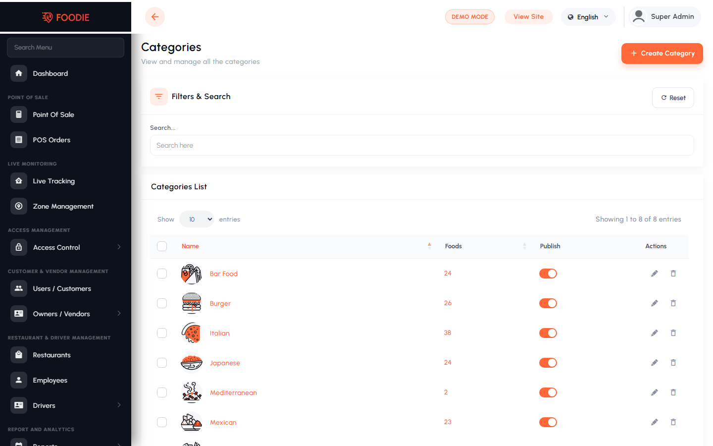 Categories screen in the Foodie admin panel