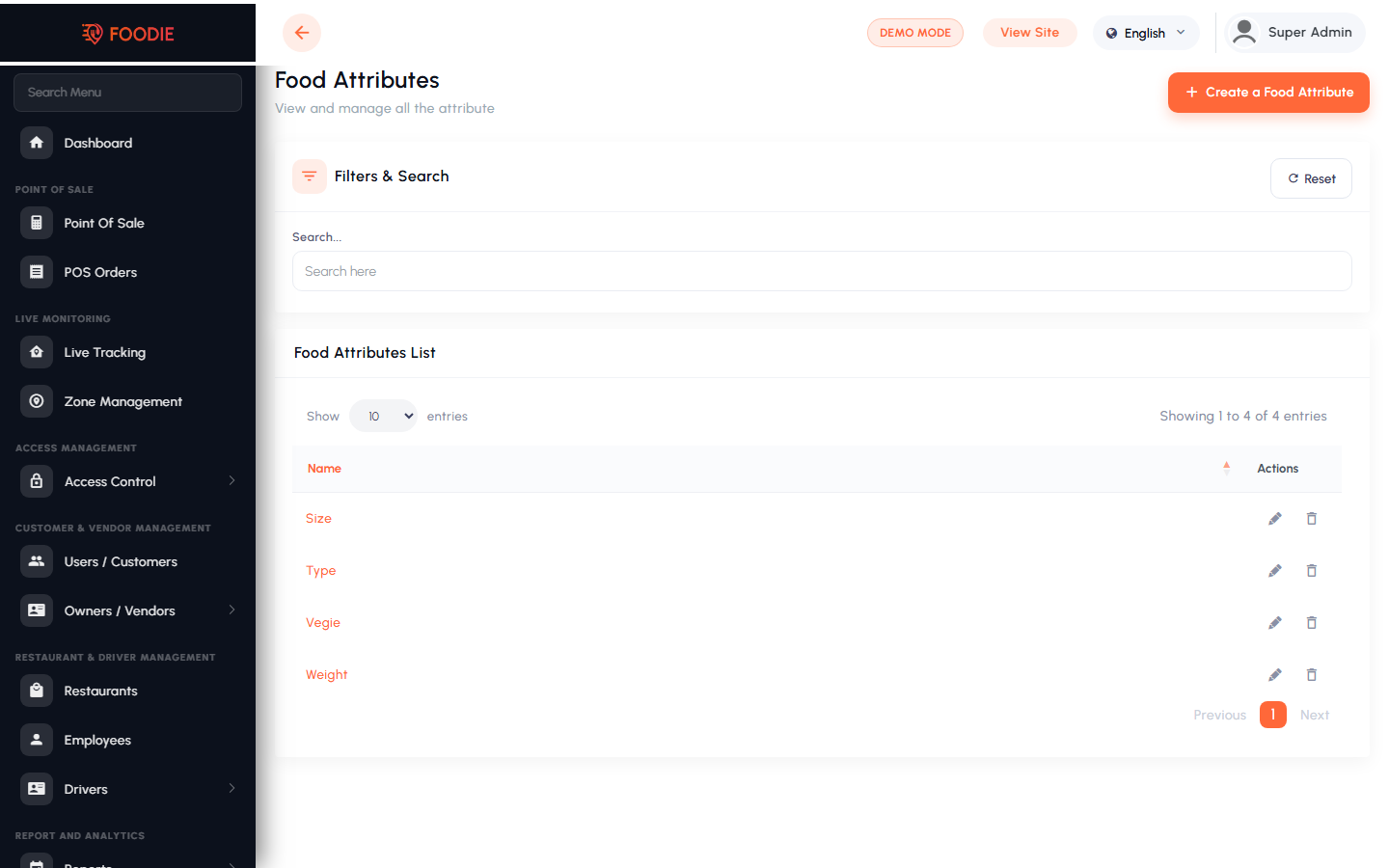 Attributes screen in the Foodie admin panel