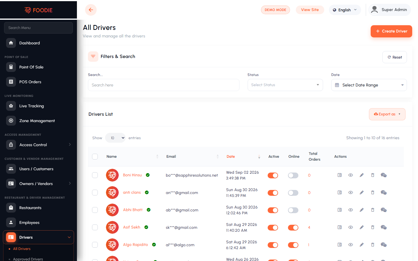 Drivers screen in the Foodie admin panel