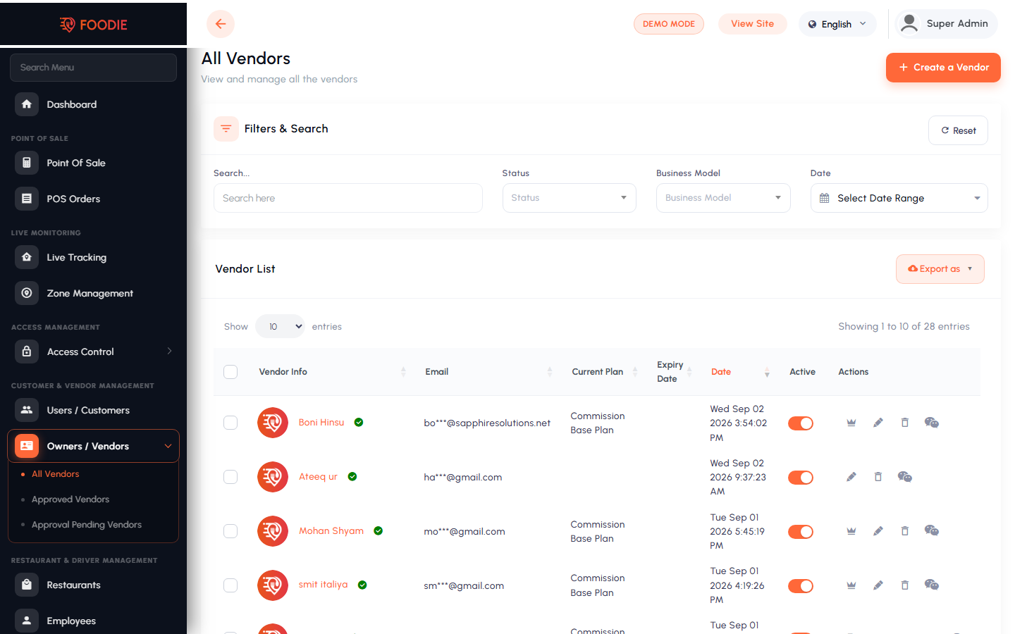 Vendors screen in the Foodie admin panel