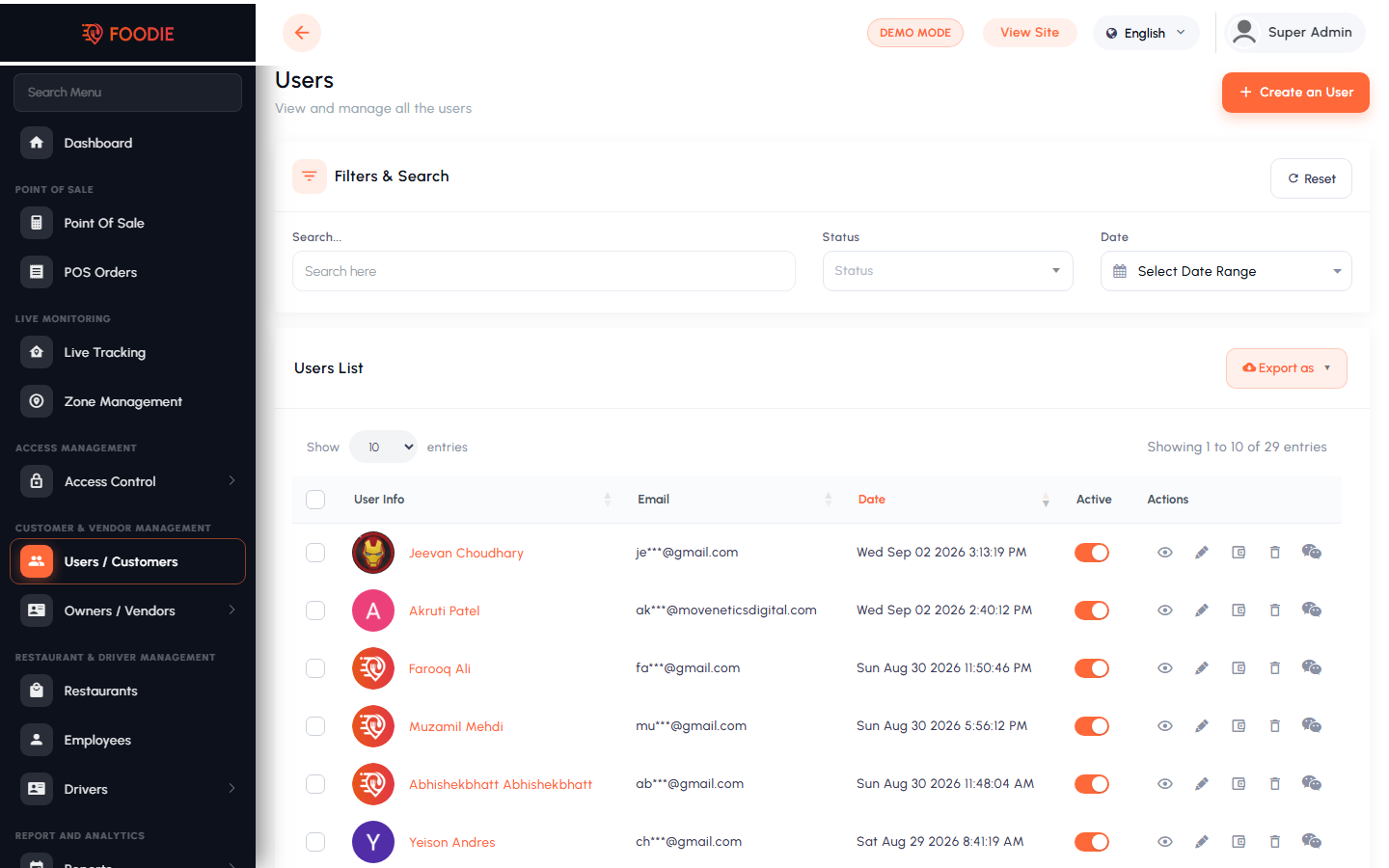 Customers screen in the Foodie admin panel