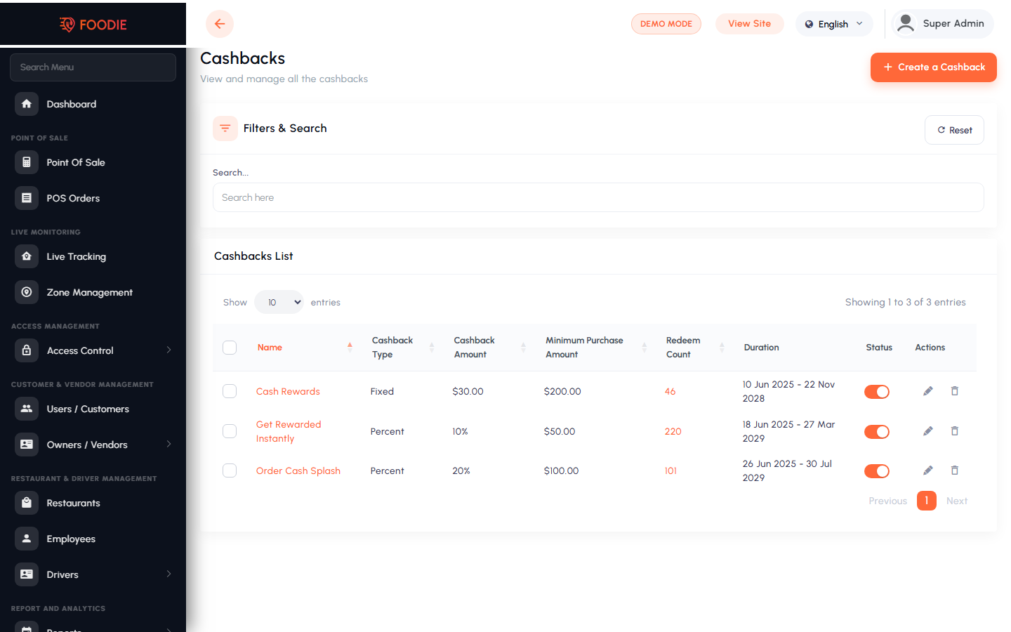 Cashback screen in the Foodie admin panel