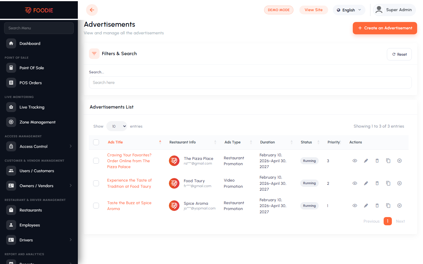 Advertisements screen in the Foodie admin panel