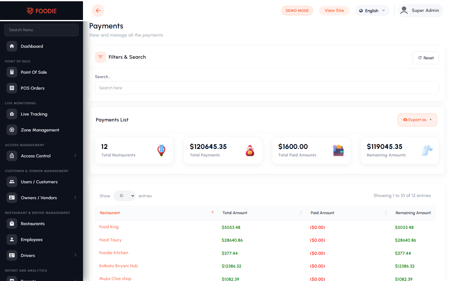 Payment Methods screen in the Foodie admin panel
