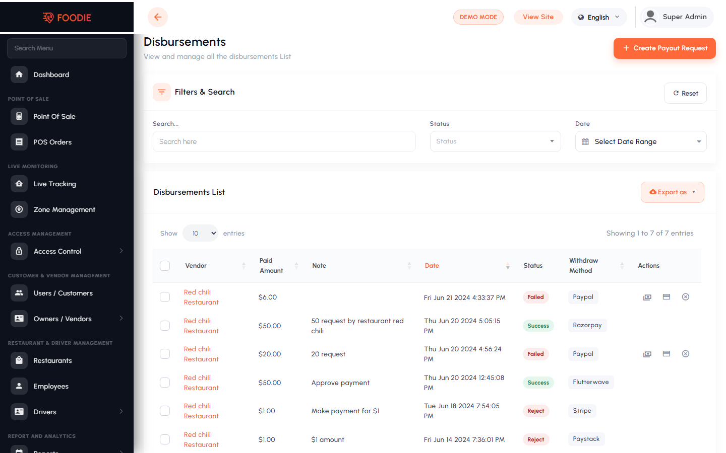 Restaurant Payouts screen in the Foodie admin panel