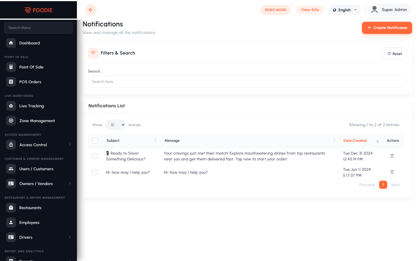 Notifications screen in the Foodie admin panel