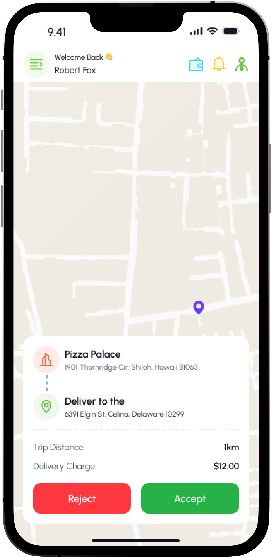 New Delivery Request screen in the Foodie driver app
