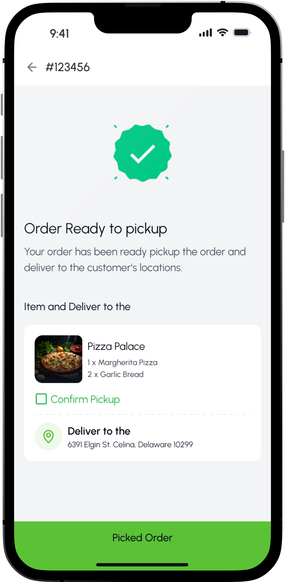 Order Ready to Pickup screen in the Foodie driver app