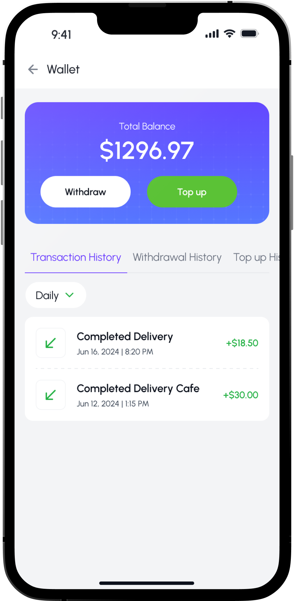 Wallet & Earnings screen in the Foodie driver app