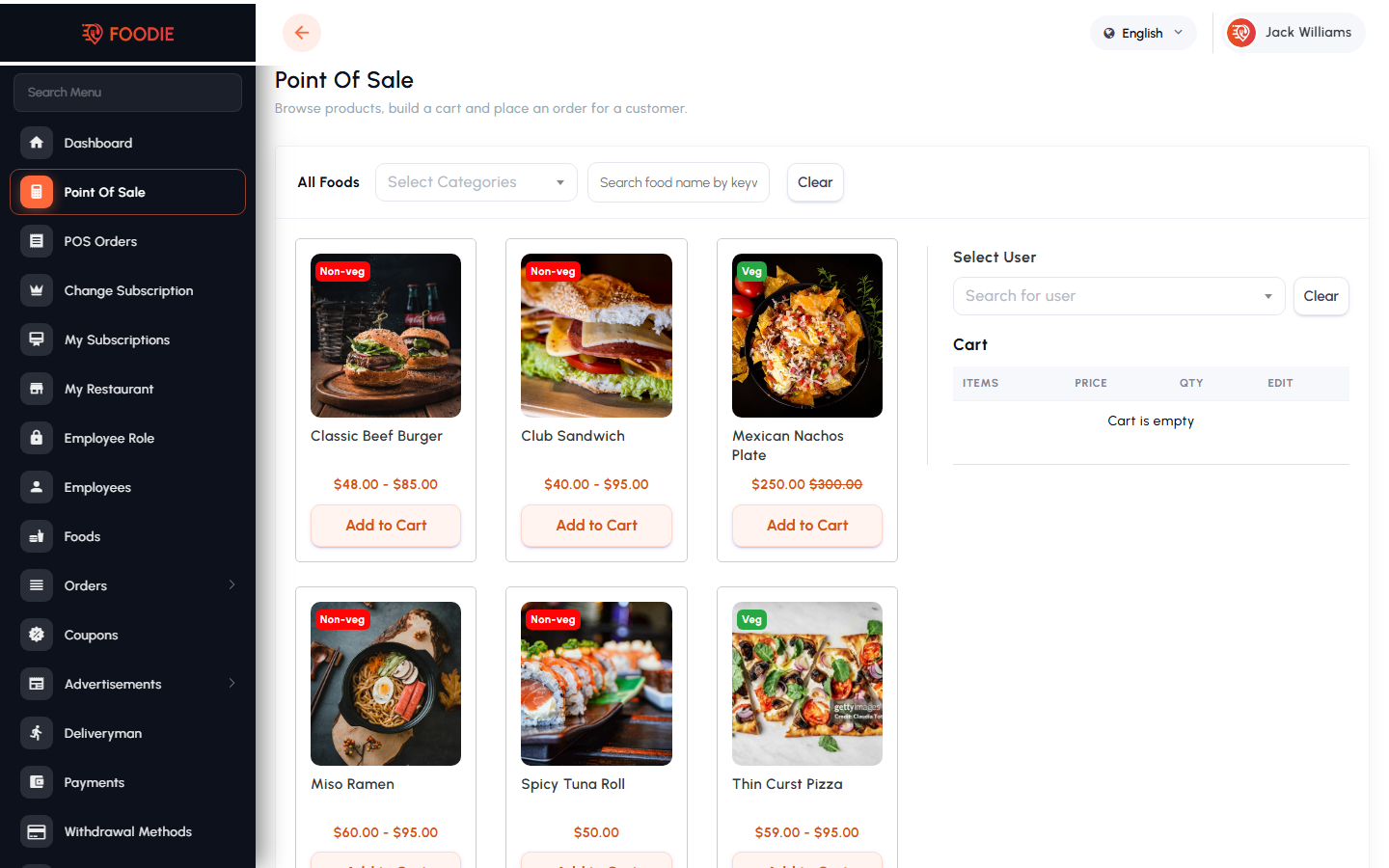 Point of Sale screen in the Foodie restaurant panel