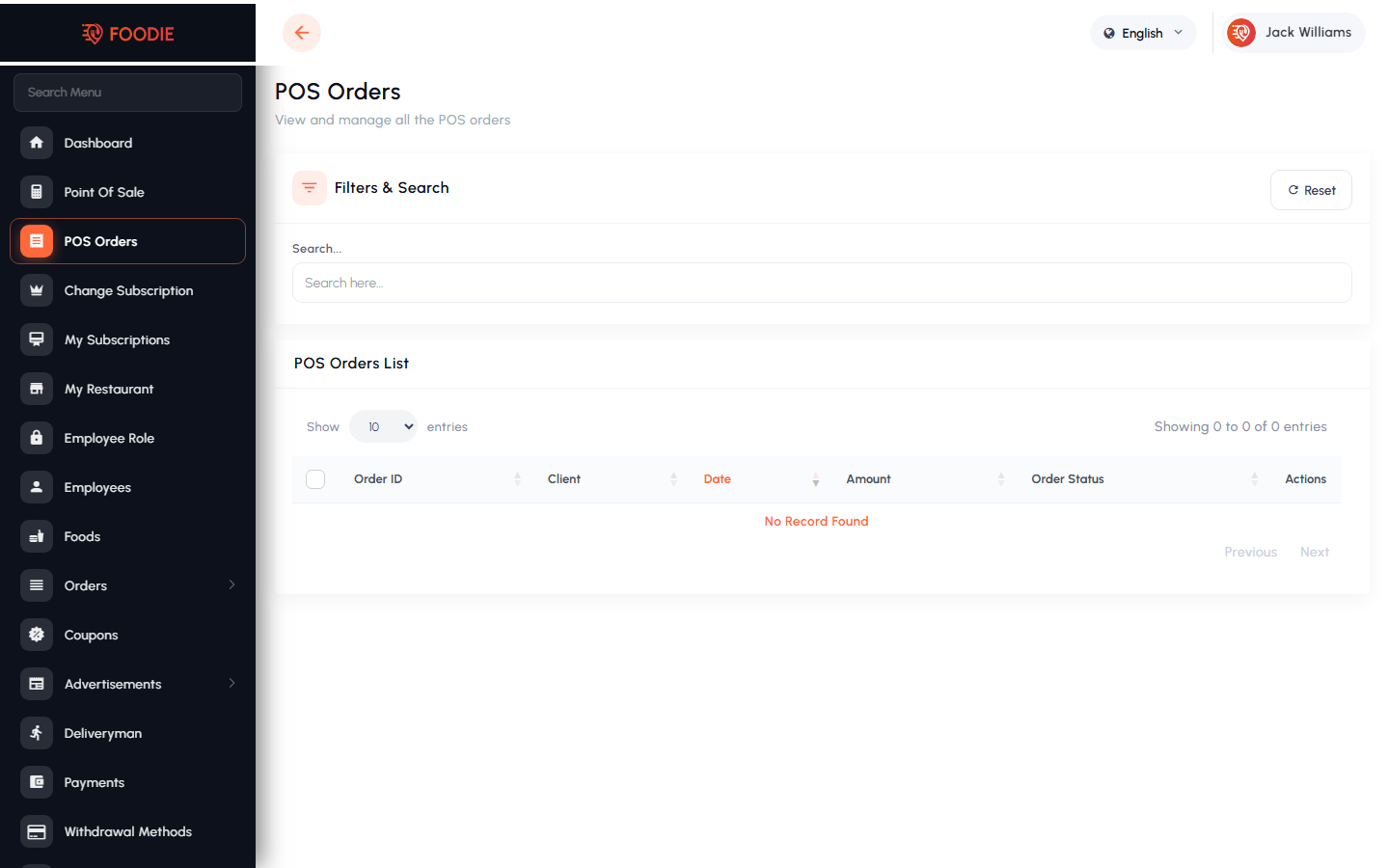 POS Orders screen in the Foodie restaurant panel