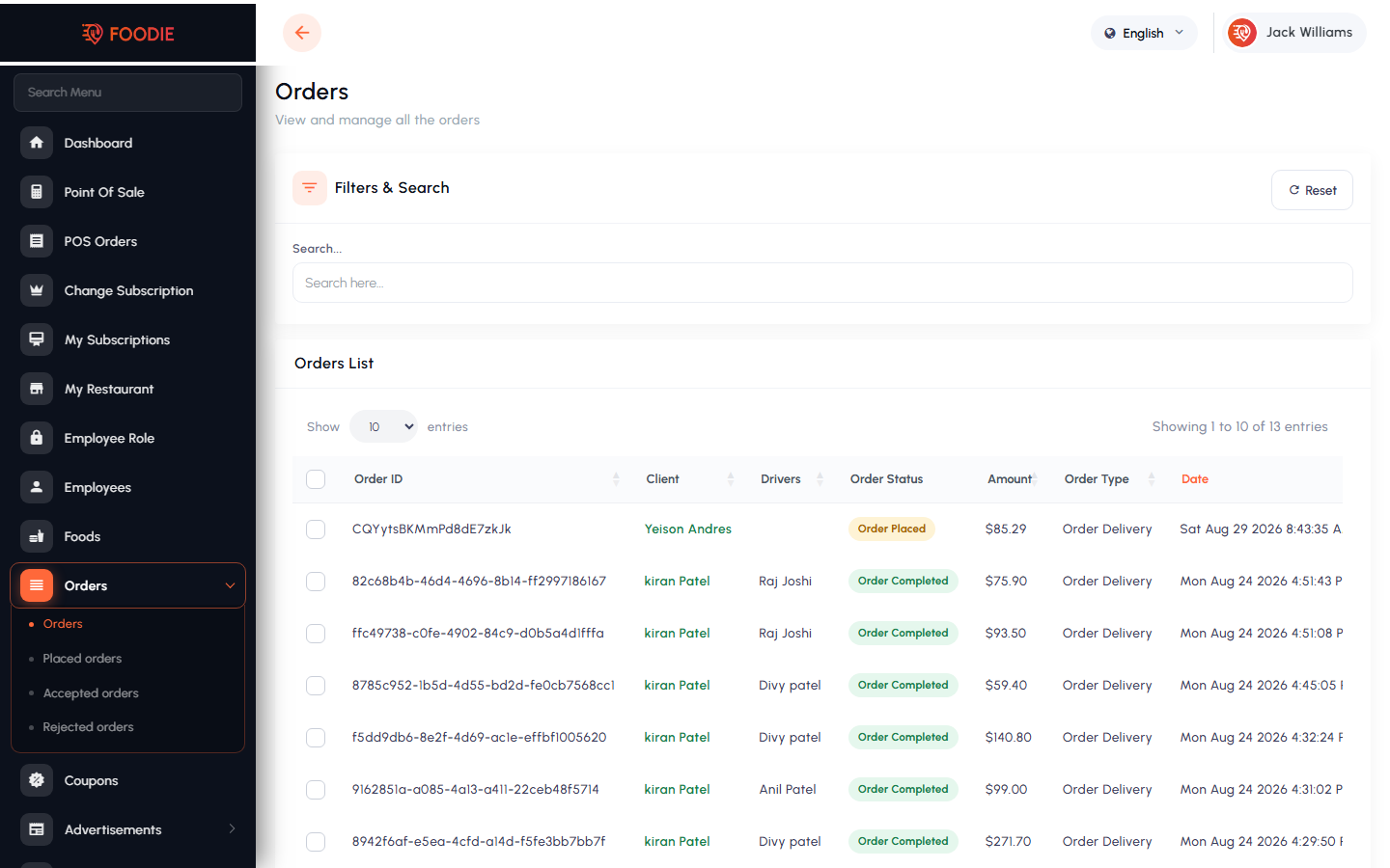 Orders screen in the Foodie restaurant panel