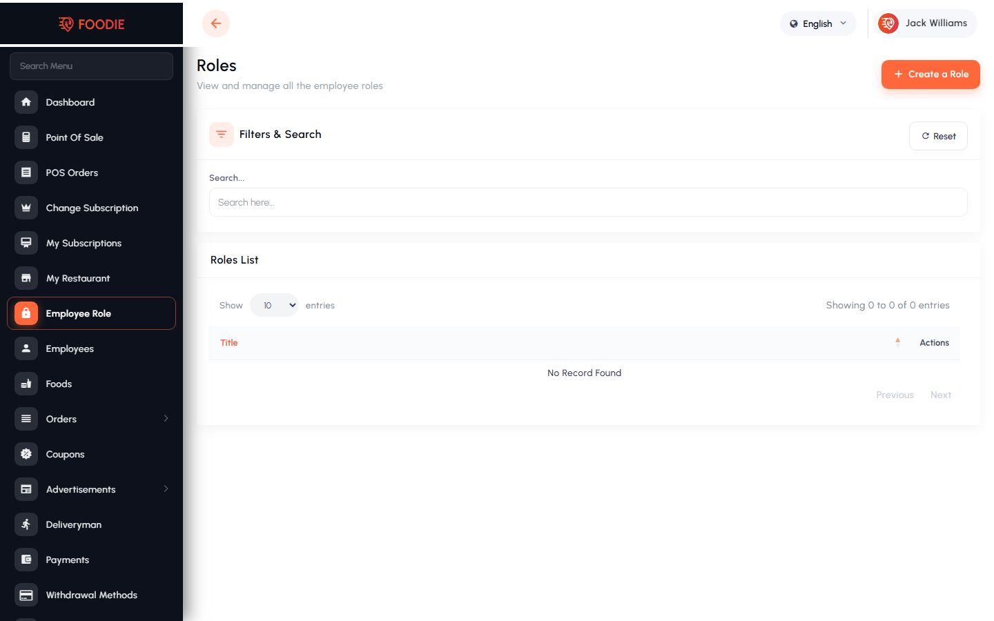 Employee Roles screen in the Foodie restaurant panel