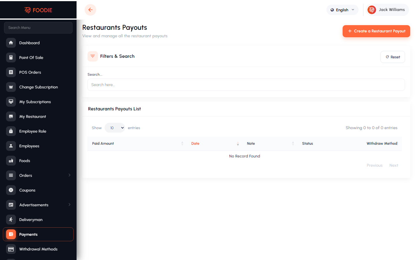 Payouts screen in the Foodie restaurant panel