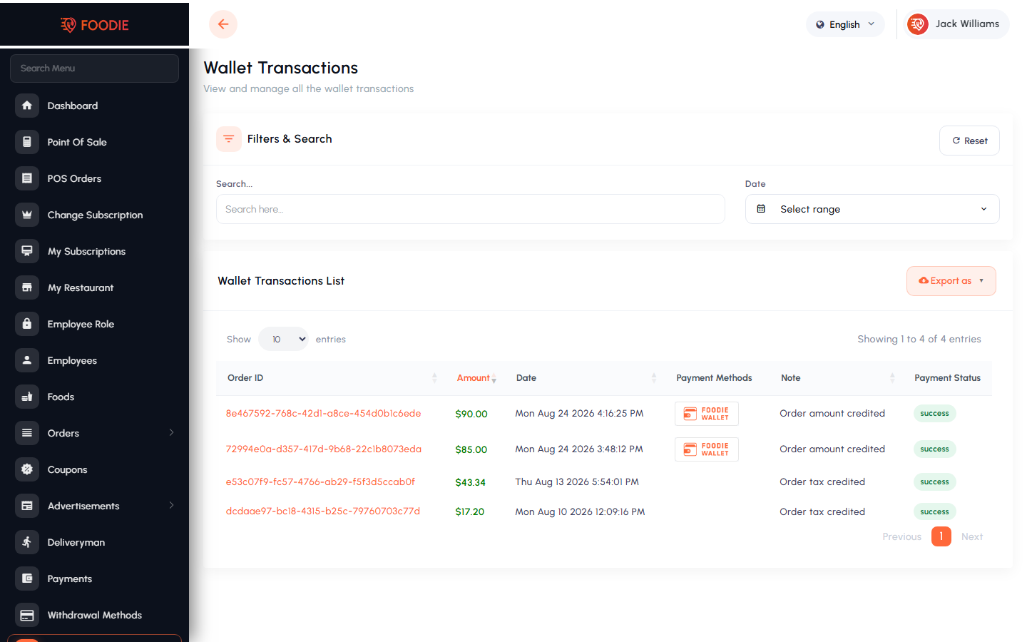 Wallet Transactions screen in the Foodie restaurant panel