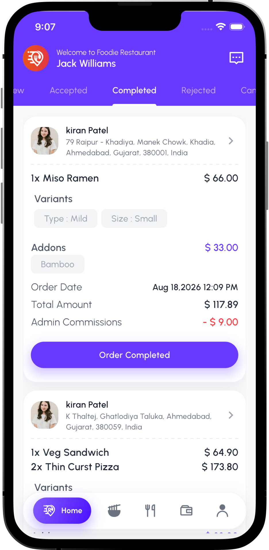Incoming Orders screen in the Foodie restaurant app