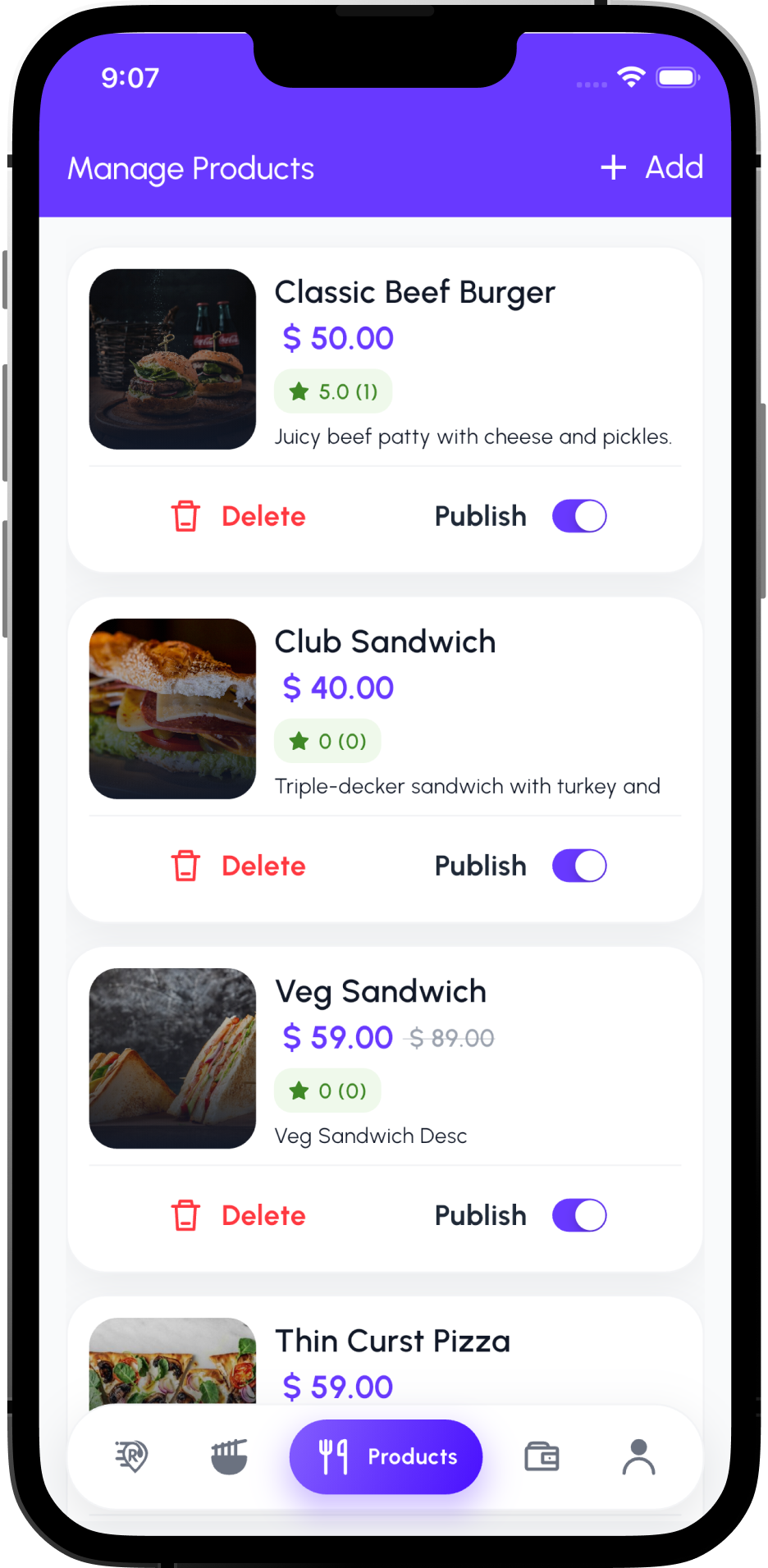 Manage Products screen in the Foodie restaurant app