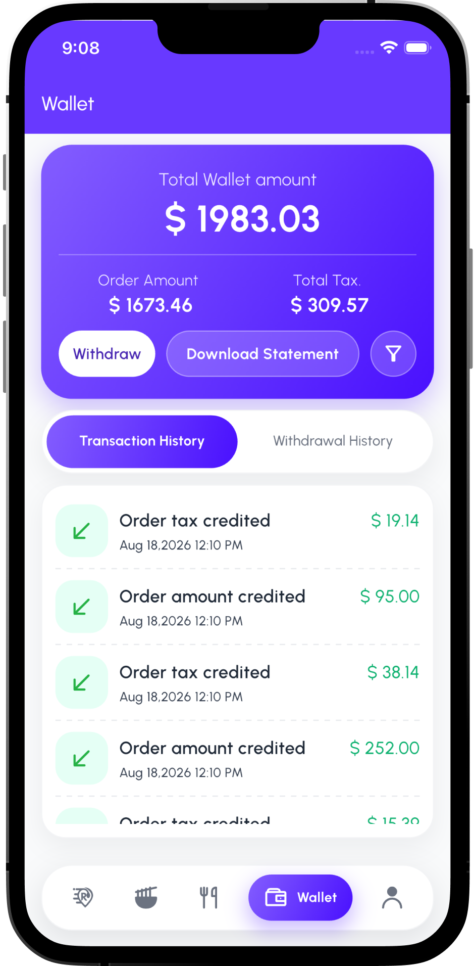 Wallet & Payouts screen in the Foodie restaurant app