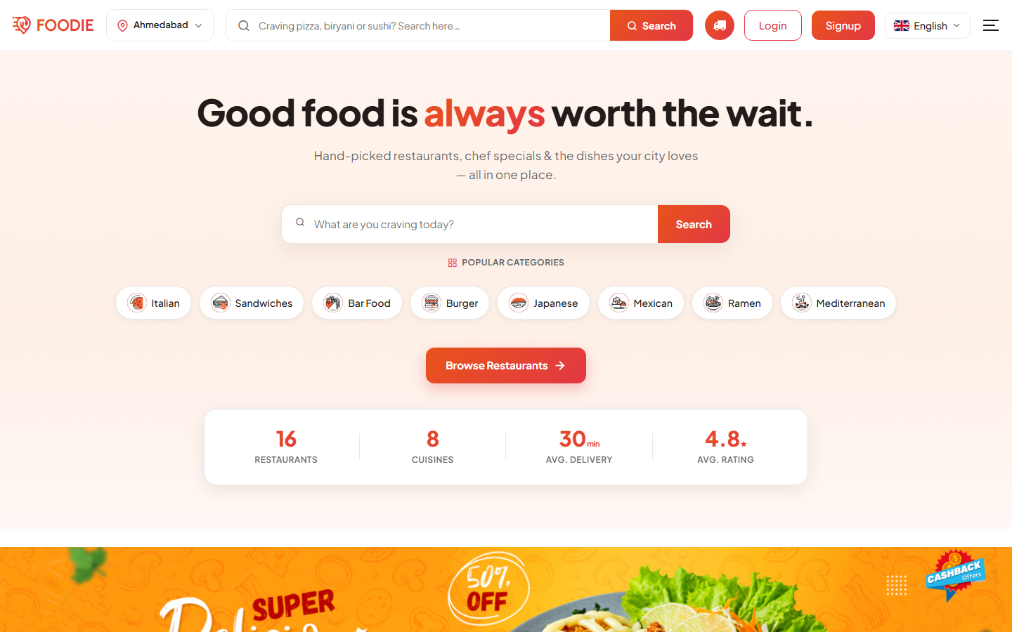 Home screen in the Foodie website