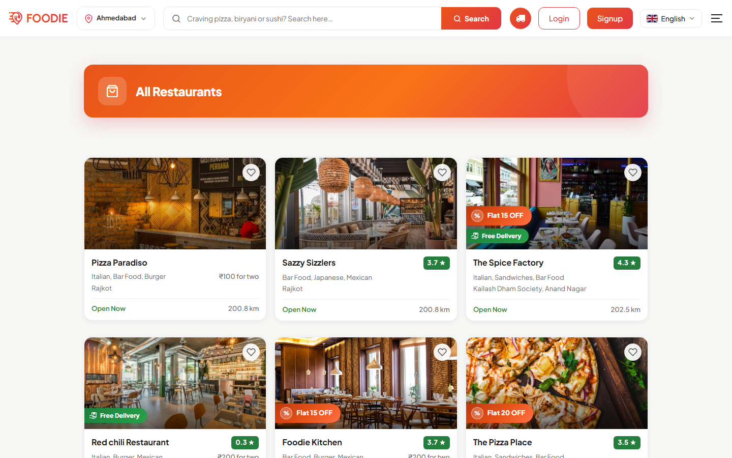 Restaurants screen in the Foodie website