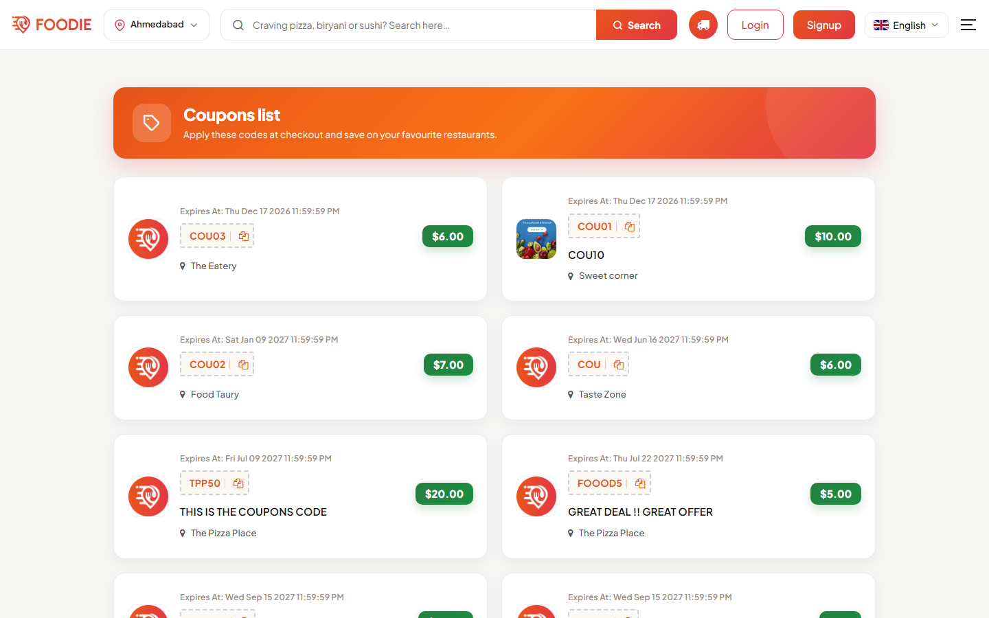 Offers screen in the Foodie website