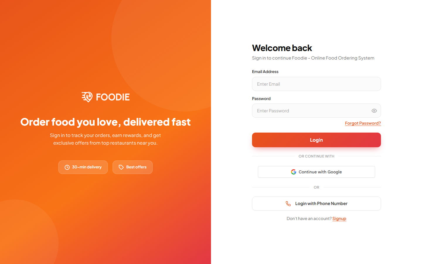Dine-in screen in the Foodie website