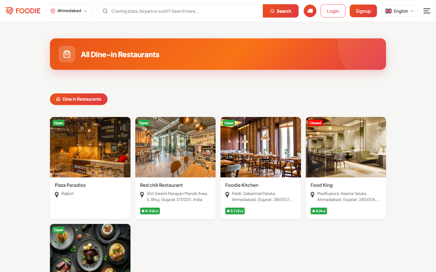Dine in Restaurants screen in the Foodie website