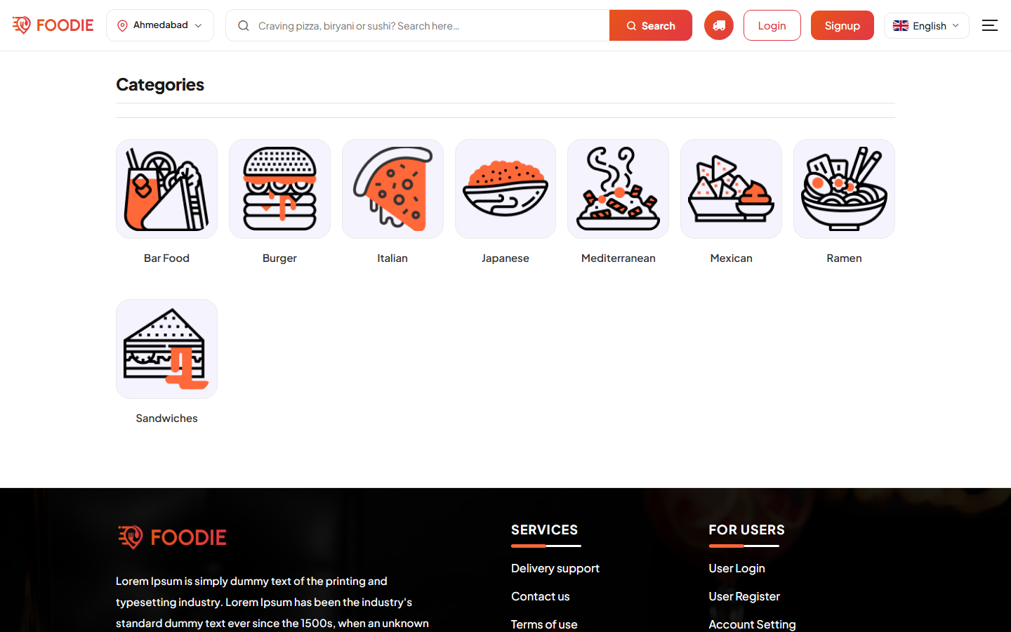 Categories screen in the Foodie website