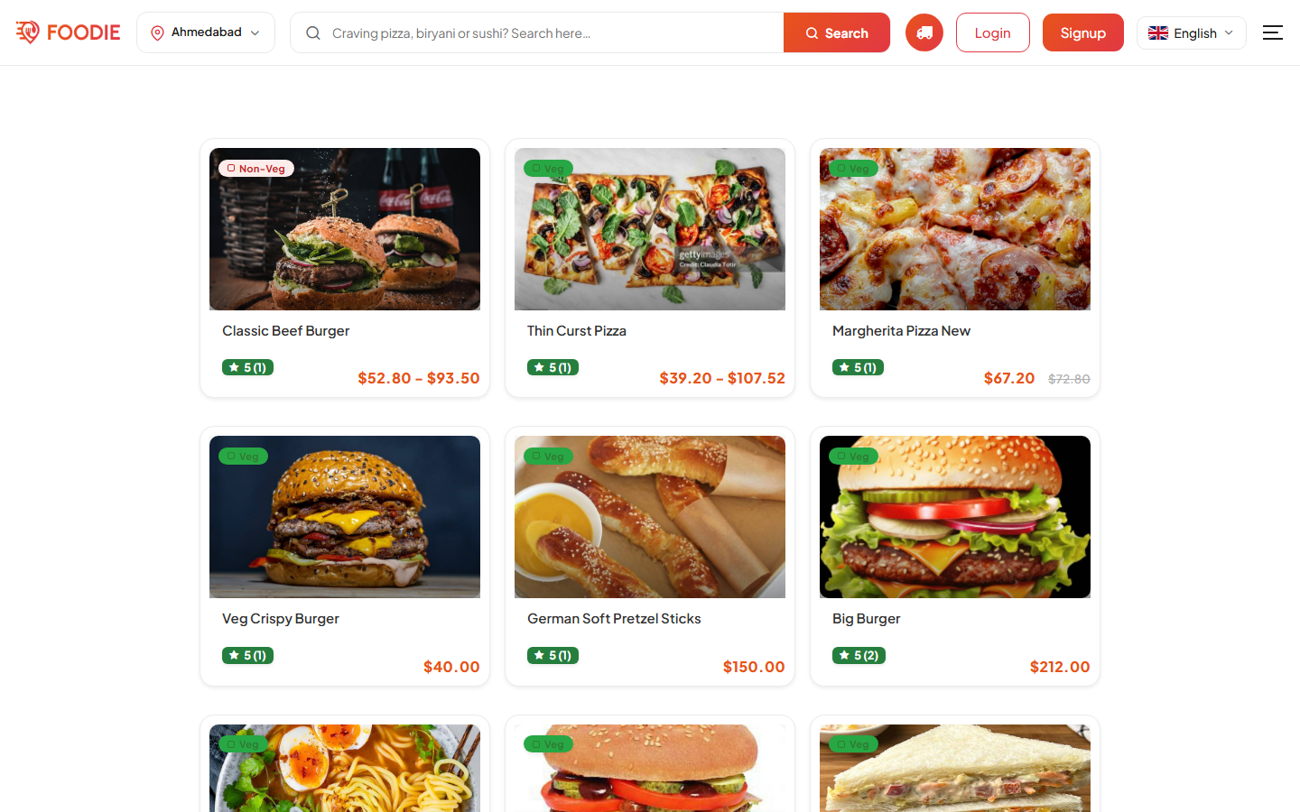 Foods screen in the Foodie website