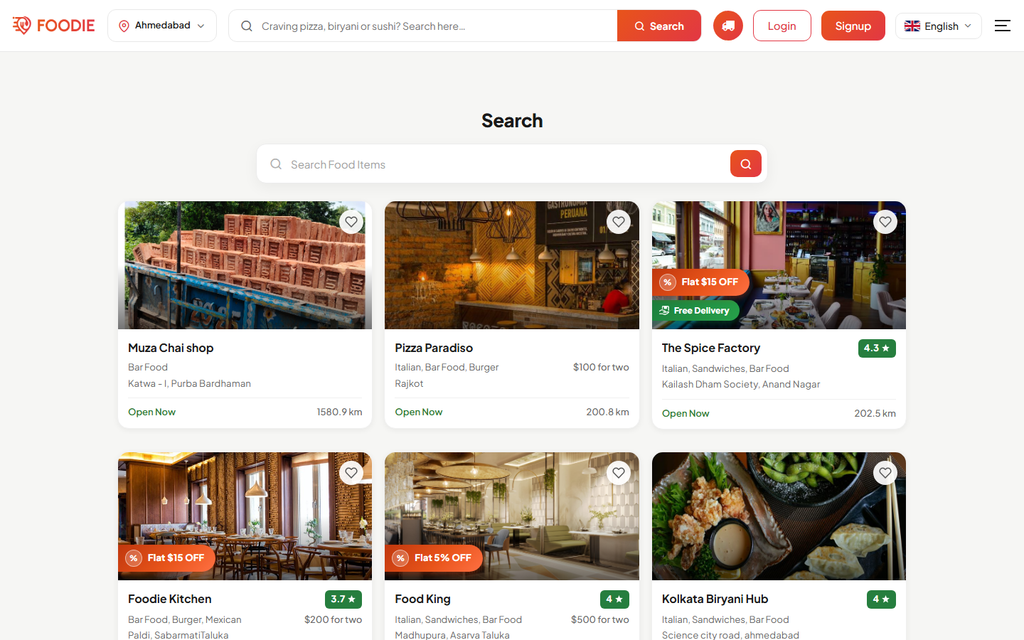 Search screen in the Foodie website