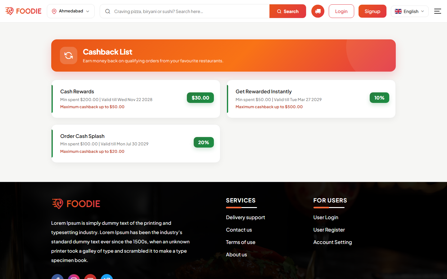Cashback screen in the Foodie website