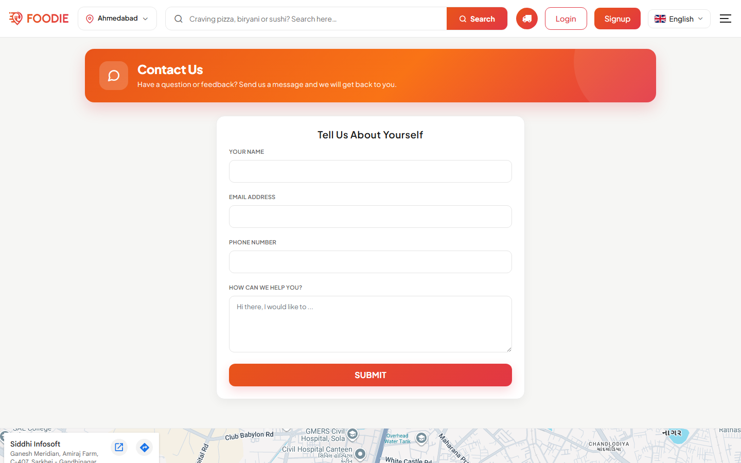 Contact screen in the Foodie website