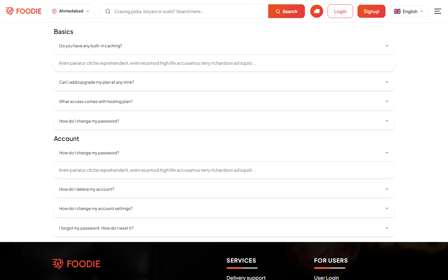 Delivery Support screen in the Foodie website