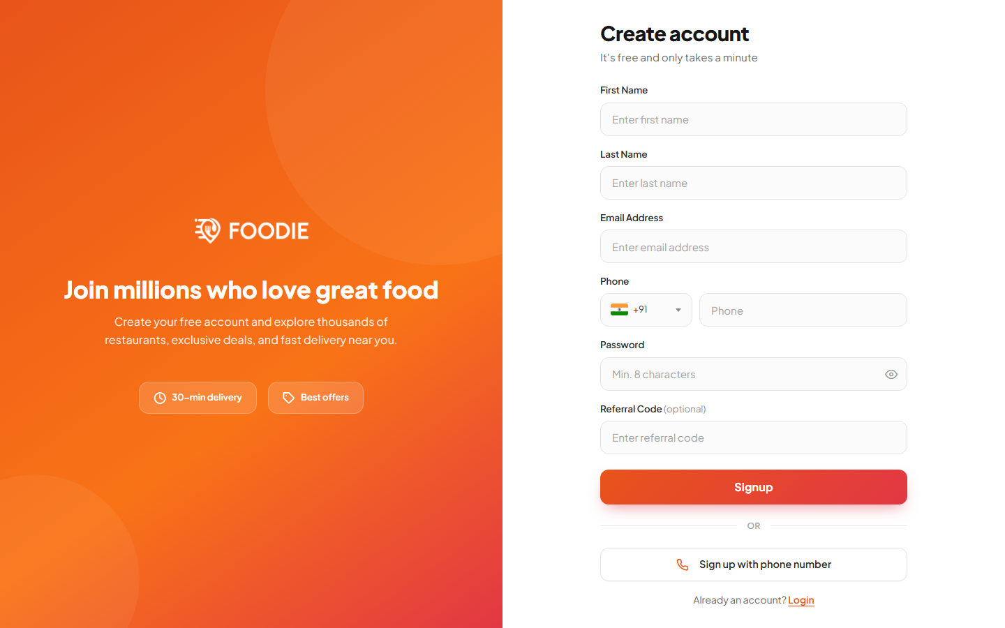 Sign Up screen in the Foodie website