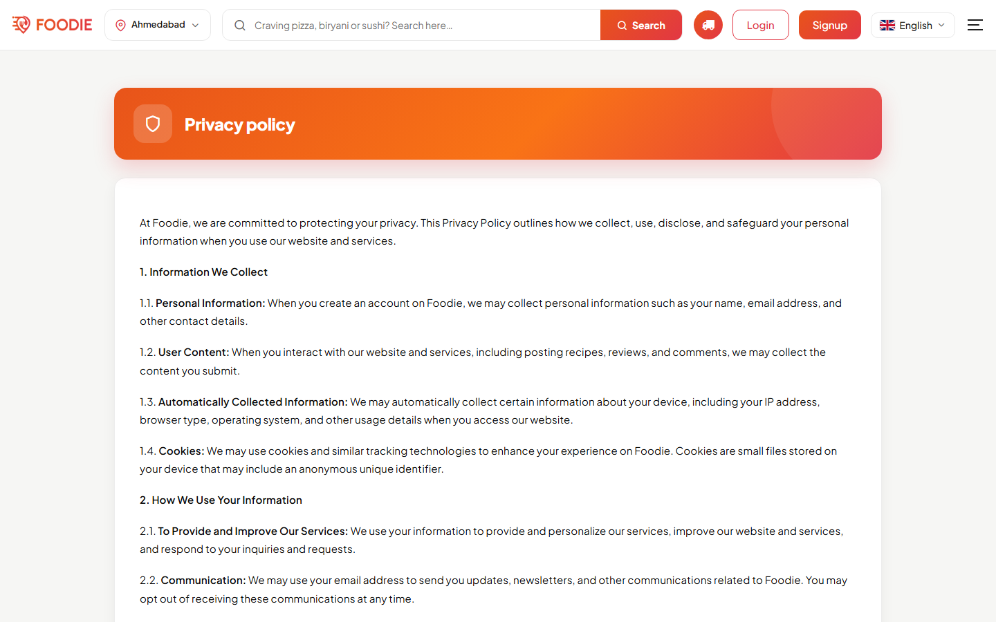Privacy Policy screen in the Foodie website