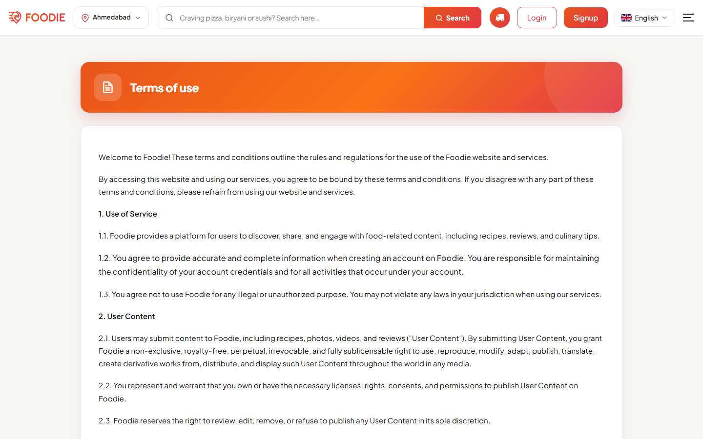Terms screen in the Foodie website