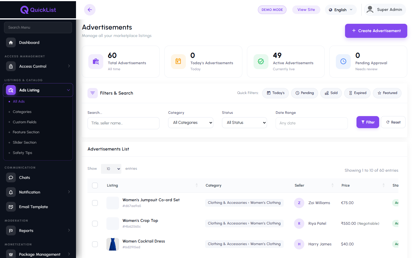 Advertisement management screen in the QuickList admin panel