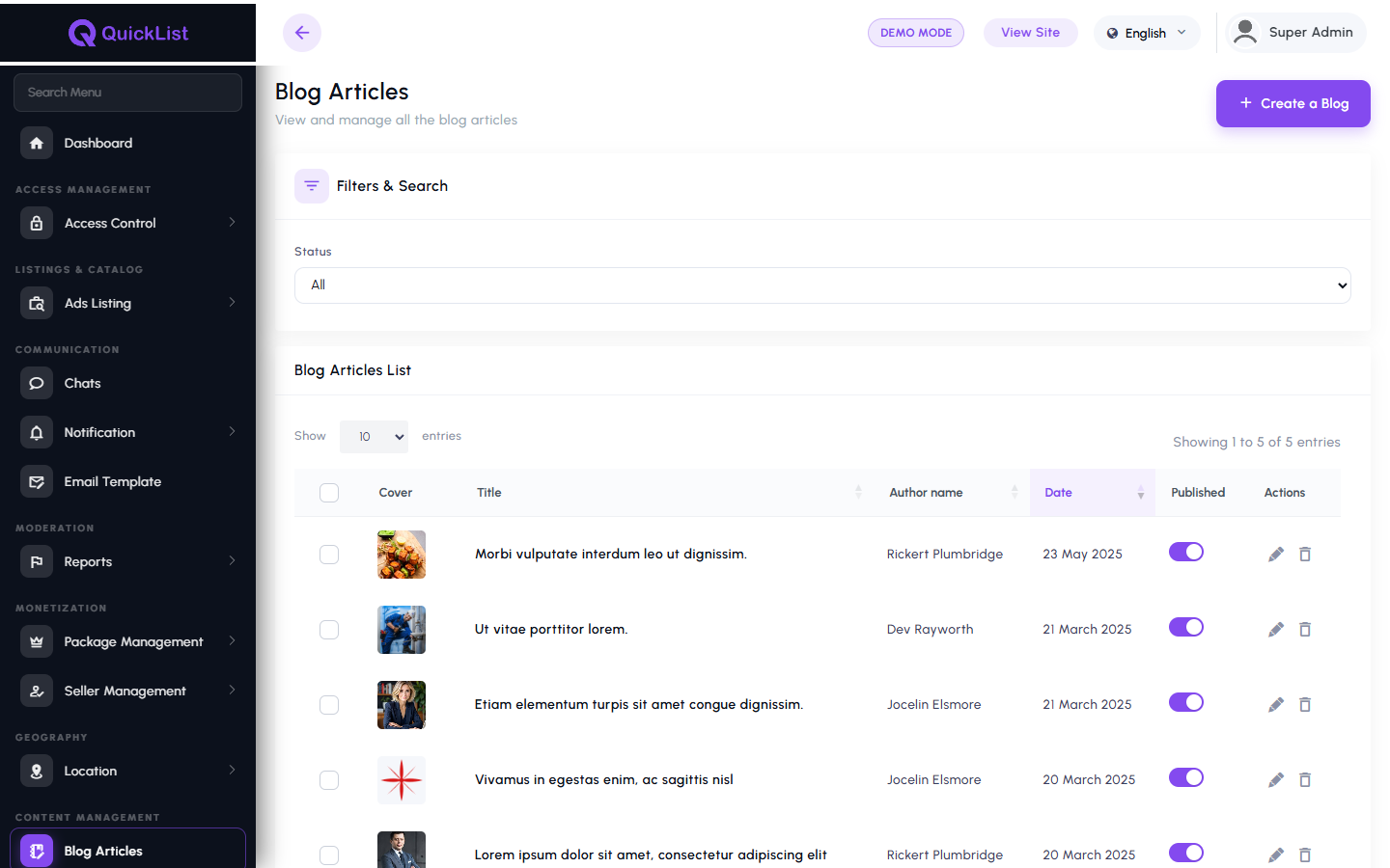 Blog article management in the QuickList admin panel