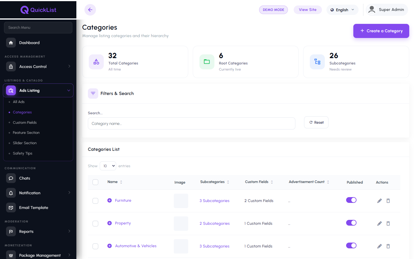 Category management screen in the QuickList admin panel