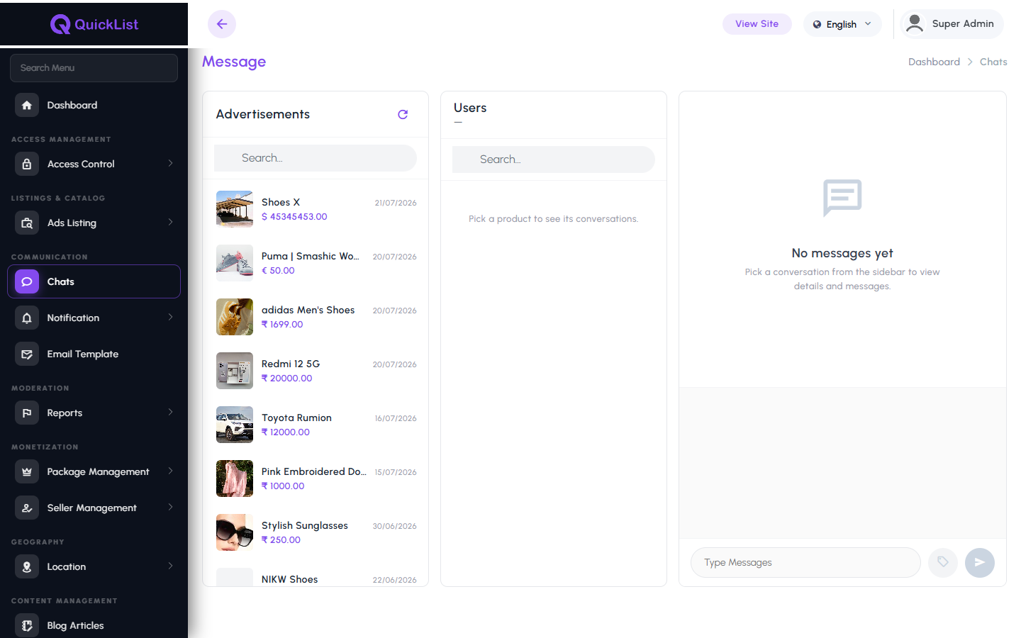 Buyer and seller chat monitoring in the QuickList admin panel