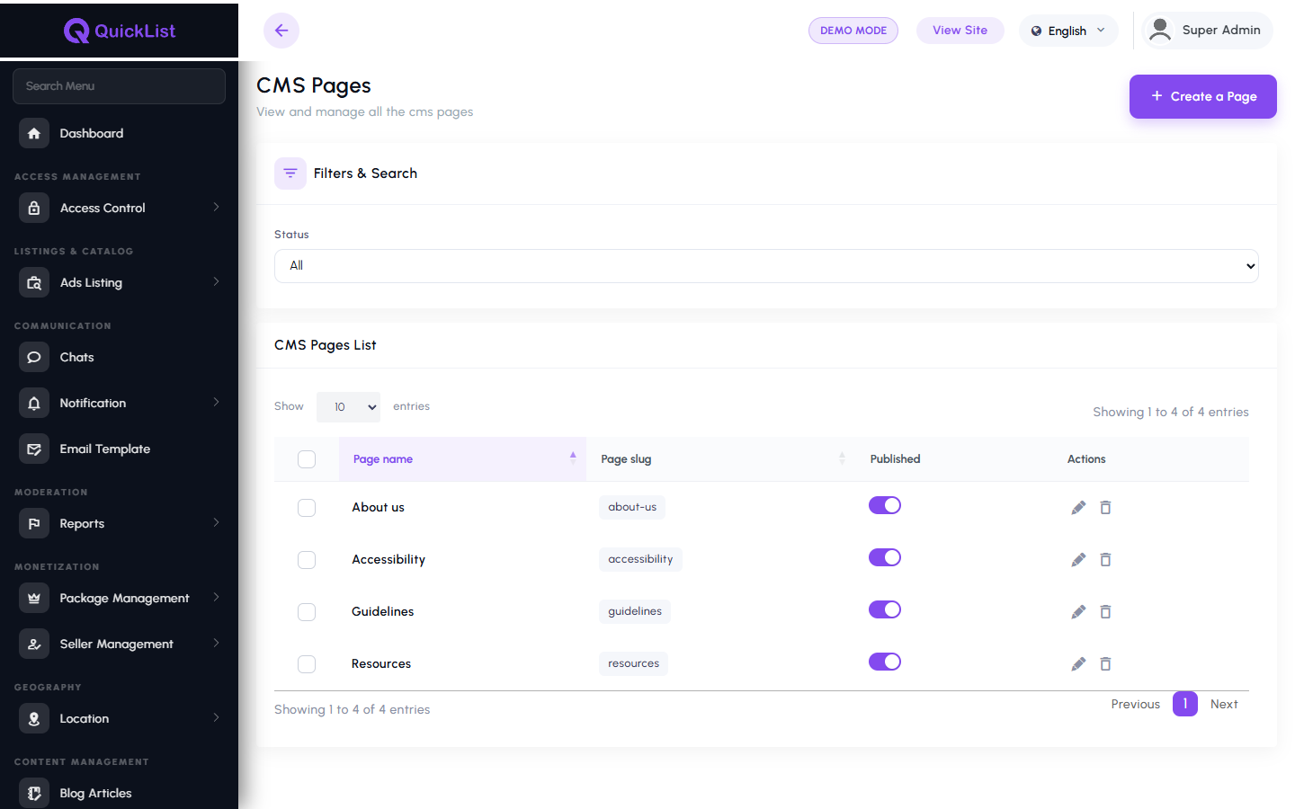 CMS page management in the QuickList admin panel