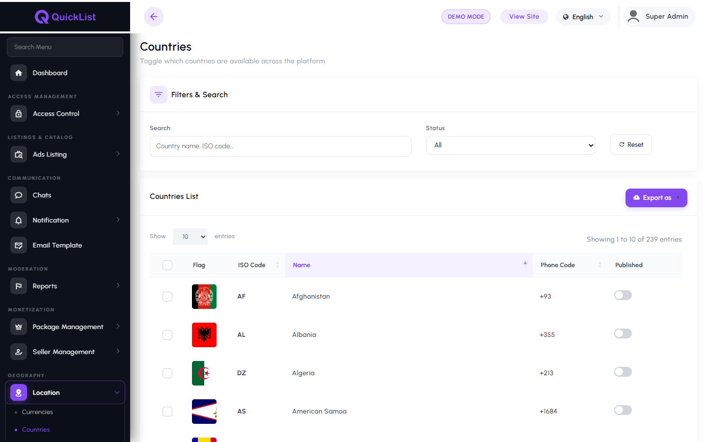 Country and location management in the QuickList admin panel