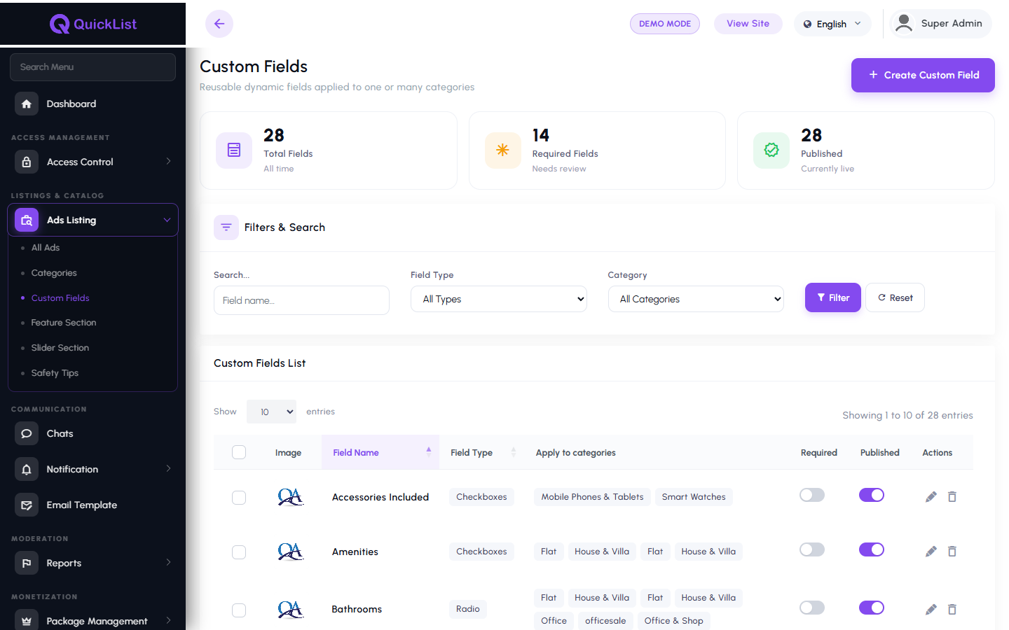 Custom field configuration in the QuickList admin panel