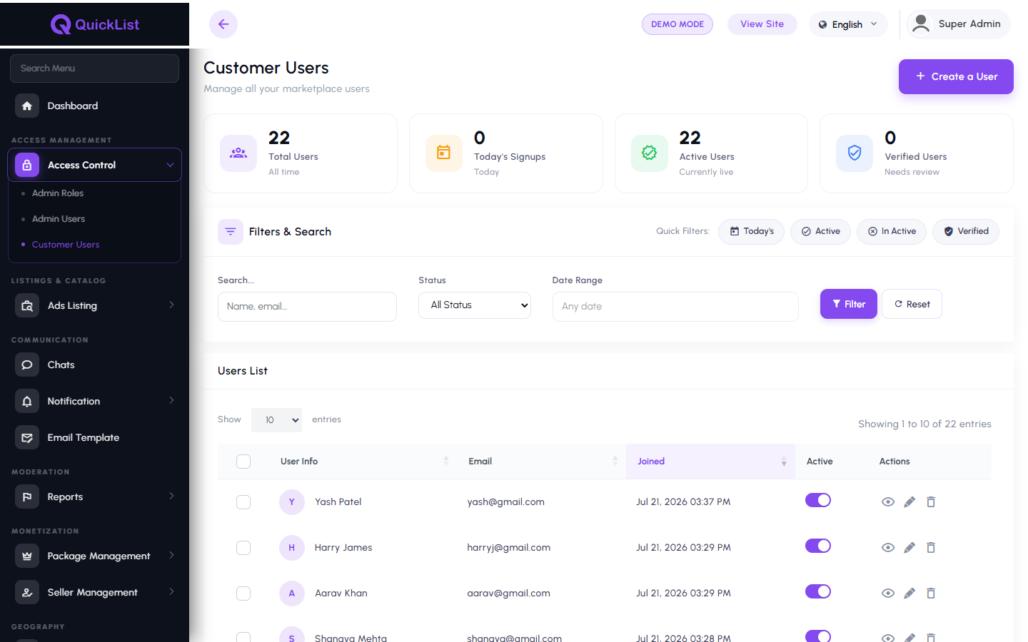 Customer user list in the QuickList admin panel