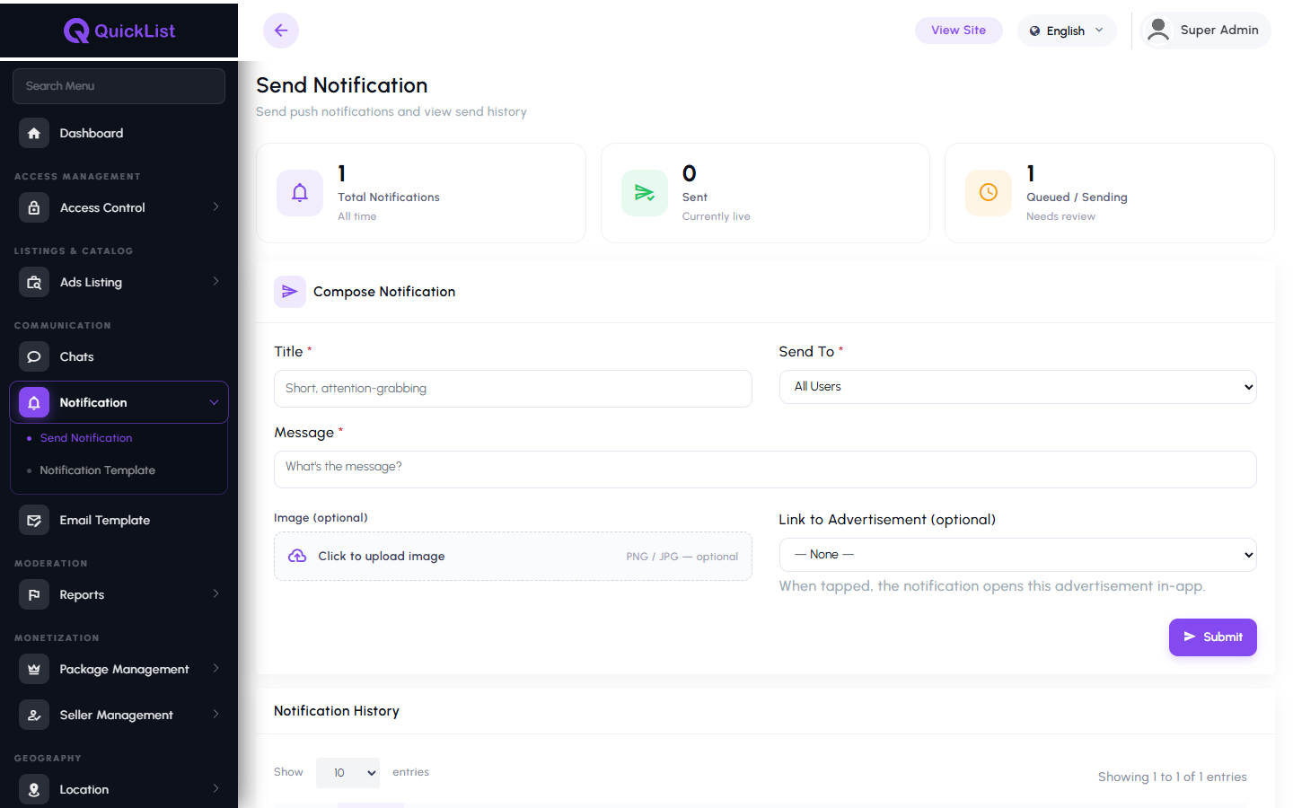 Push notification management in the QuickList admin panel