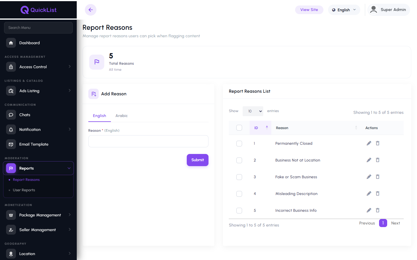 Report reason configuration in the QuickList admin panel
