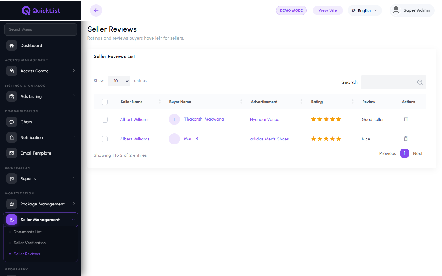 Seller review moderation in the QuickList admin panel