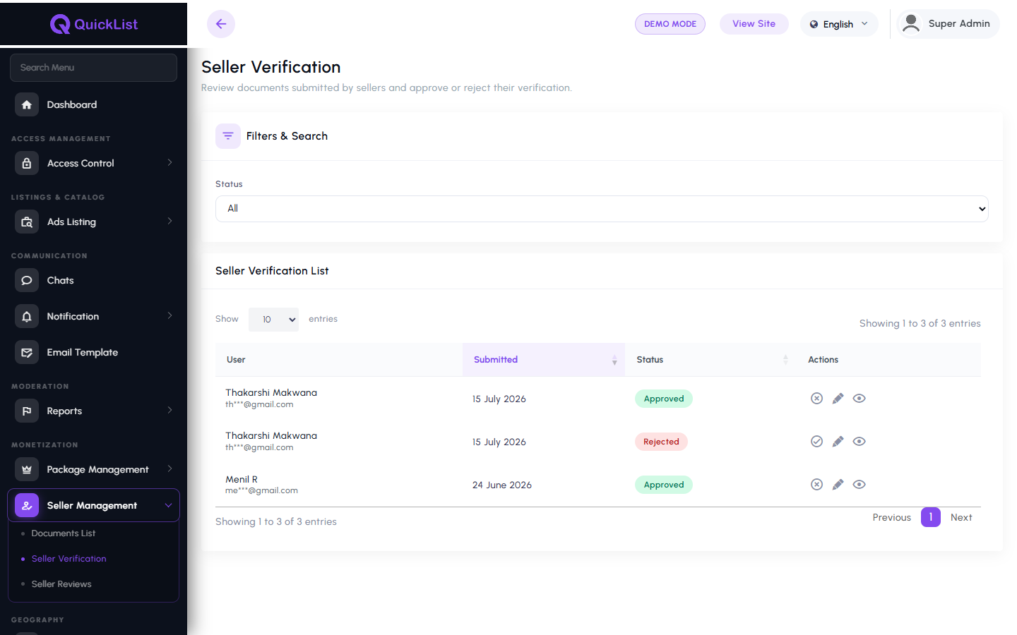 Seller verification queue in the QuickList admin panel